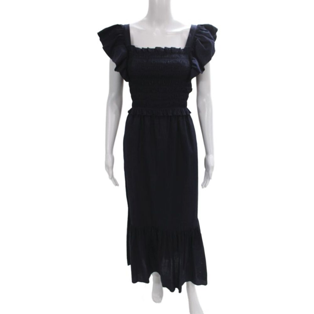 Sea New York Womens Sundress Dark Blue Square Neck Cotton Midi Tie Size XS